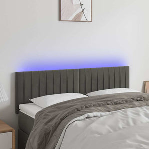 Tăblie de pat cu LED, gri închis, 144x5x78/88 cm, catifea