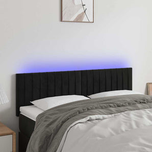 Tăblie de pat cu LED, negru, 144x5x78/88 cm, catifea