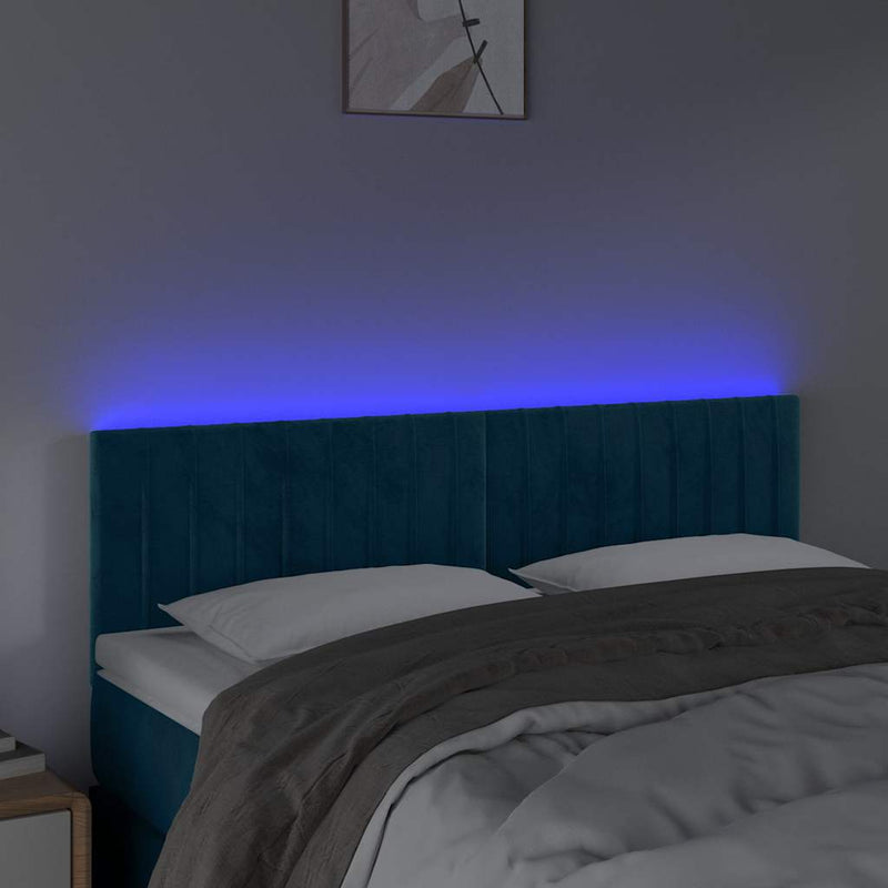 Tăblie de pat cu LED, albastru închis, 144x5x78/88 cm, catifea