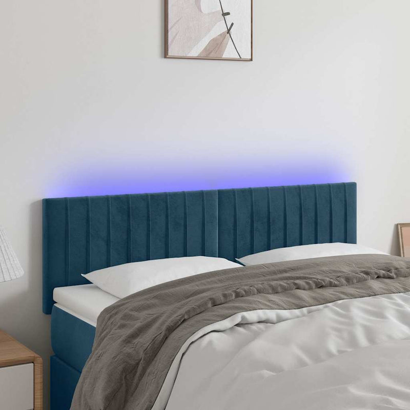Tăblie de pat cu LED, albastru închis, 144x5x78/88 cm, catifea