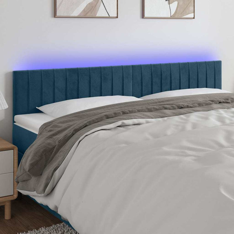 Tăblie de pat cu LED, albastru închis, 200x5x78/88 cm, catifea