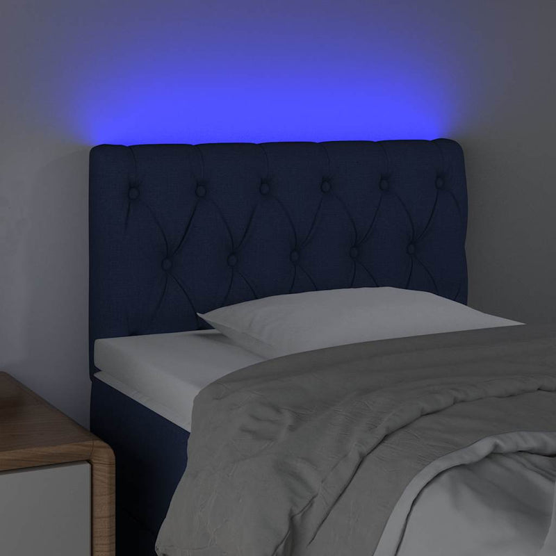 Tăblie de pat cu LED, albastru, 80x7x78/88 cm, textil