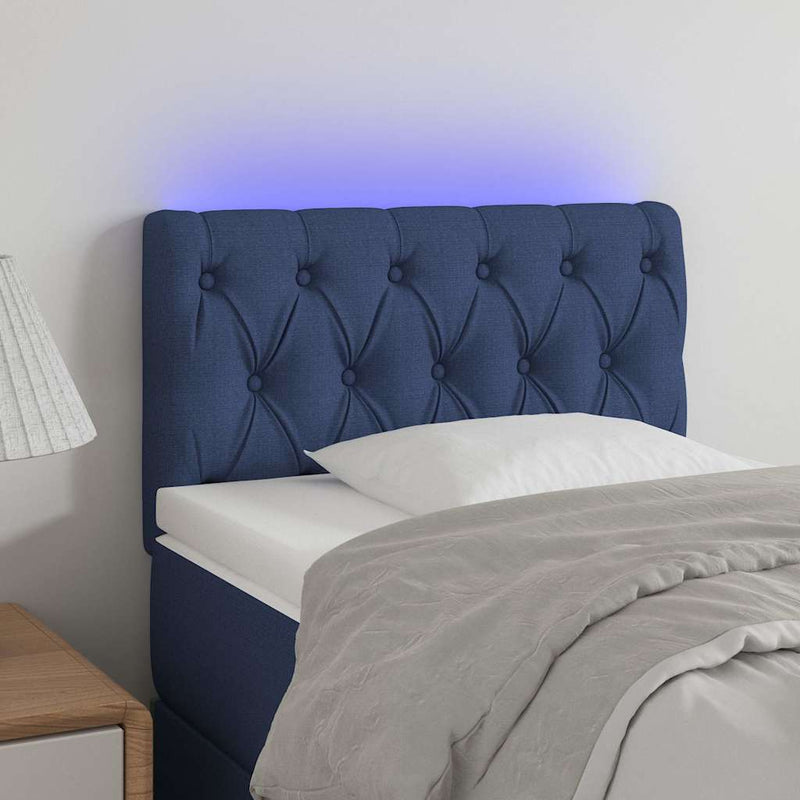 Tăblie de pat cu LED, albastru, 80x7x78/88 cm, textil