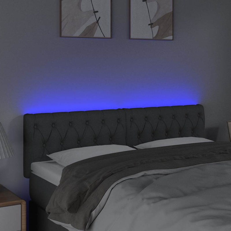 Tăblie de pat cu LED, gri închis, 144x7x78/88 cm, textil