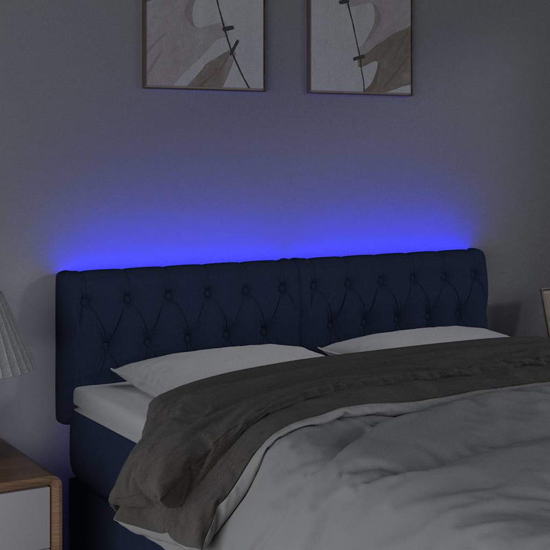 Tăblie de pat cu LED, albastru, 144x7x78/88 cm, textil