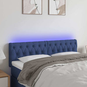Tăblie de pat cu LED, albastru, 144x7x78/88 cm, textil