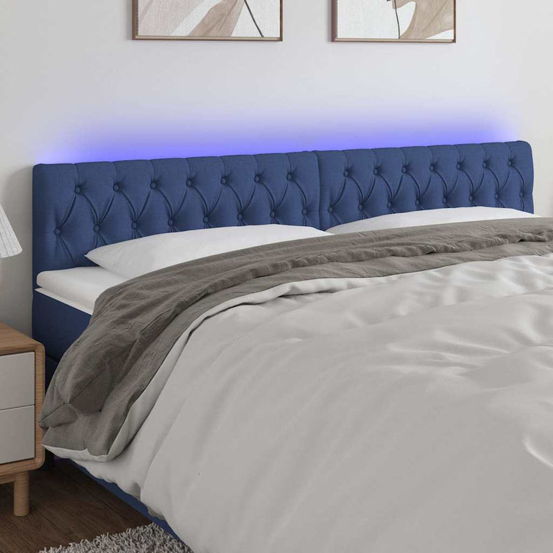 Tăblie de pat cu LED, albastru, 200x7x78/88 cm, textil