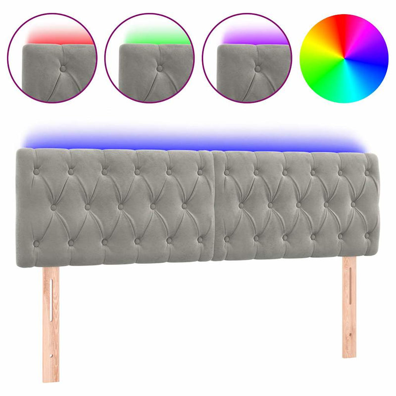 Tăblie de pat cu LED, gri deschis, 144x7x78/88 cm, catifea