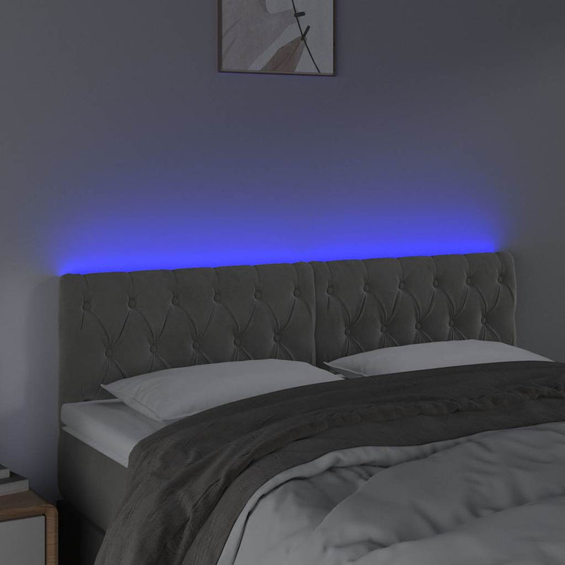 Tăblie de pat cu LED, gri deschis, 144x7x78/88 cm, catifea
