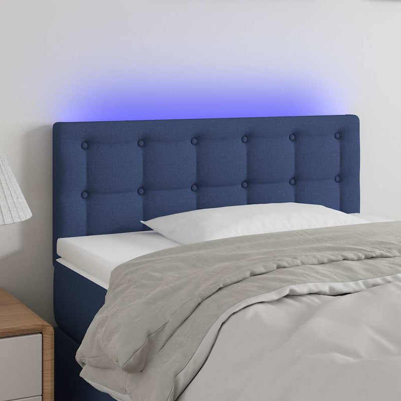 Tăblie de pat cu LED, albastru, 80x5x78/88 cm, textil