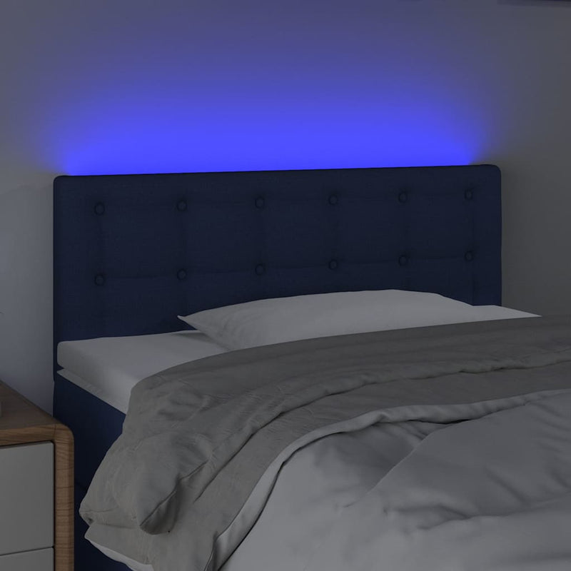 Tăblie de pat cu LED, albastru, 100x5x78/88 cm, textil