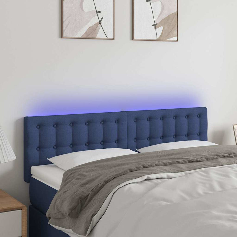 Tăblie de pat cu LED, albastru, 144x5x78/88 cm, textil