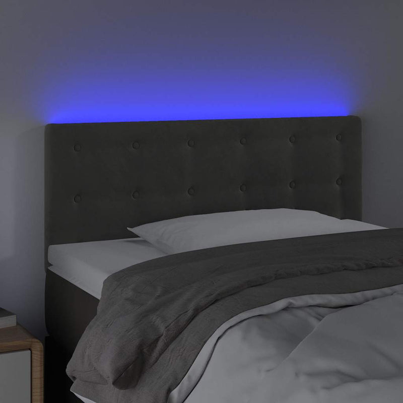 Tăblie de pat cu LED, gri închis, 100x5x78/88 cm, catifea