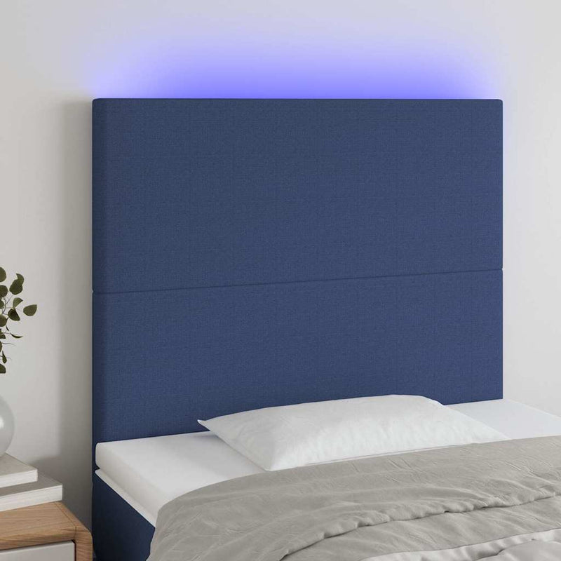 Tăblie de pat cu LED, albastru, 90x5x118/128 cm, textil