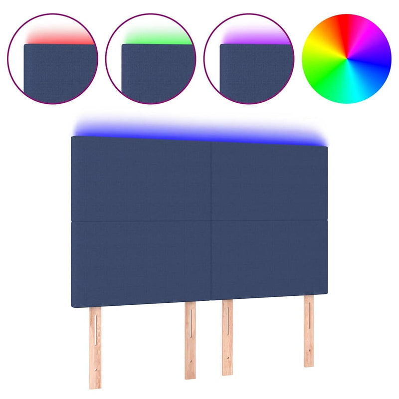Tăblie de pat cu LED, albastru, 144x5x118/128 cm, textil