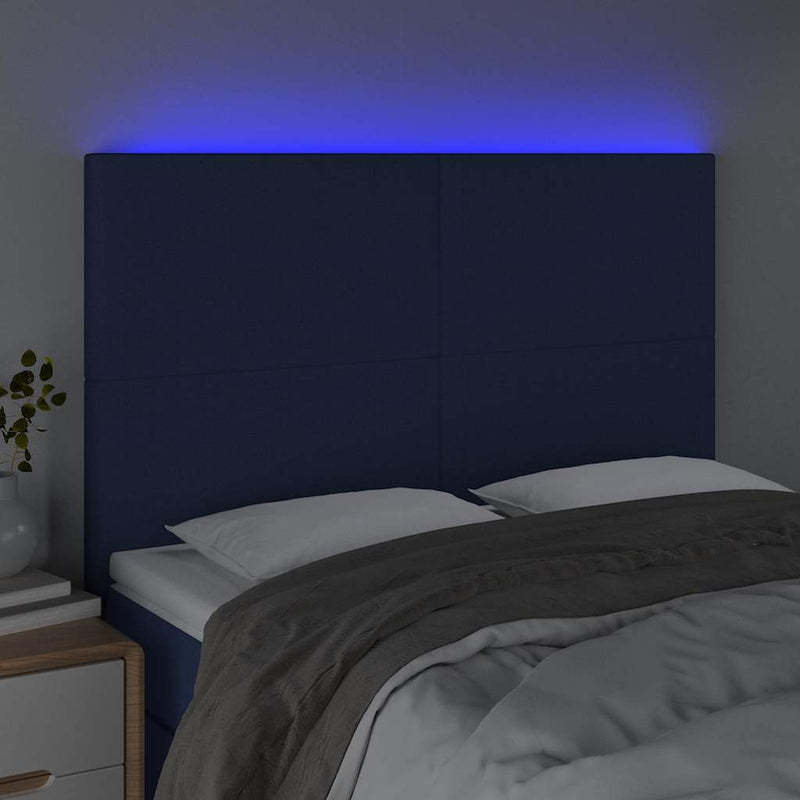 Tăblie de pat cu LED, albastru, 144x5x118/128 cm, textil