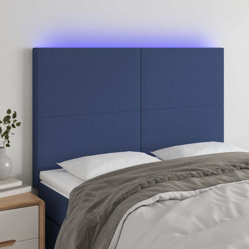 Tăblie de pat cu LED, albastru, 144x5x118/128 cm, textil