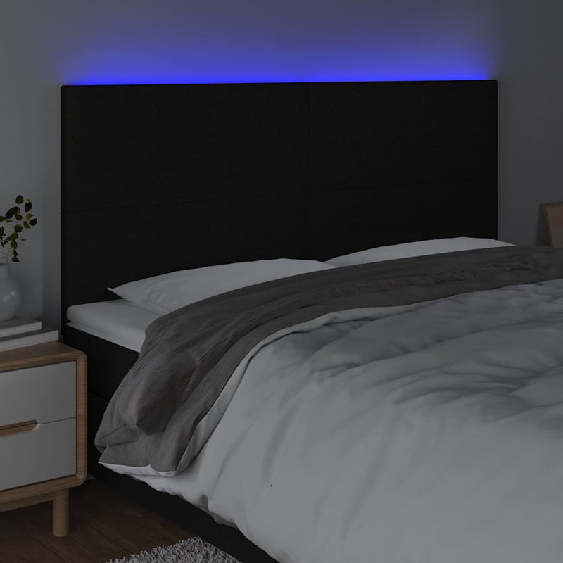 Tăblie de pat cu LED, negru, 200x5x118/128 cm, textil