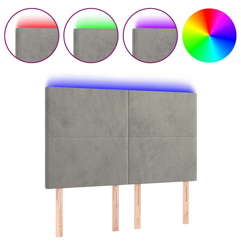 Tăblie de pat cu LED, gri deschis, 144x5x118/128 cm, catifea