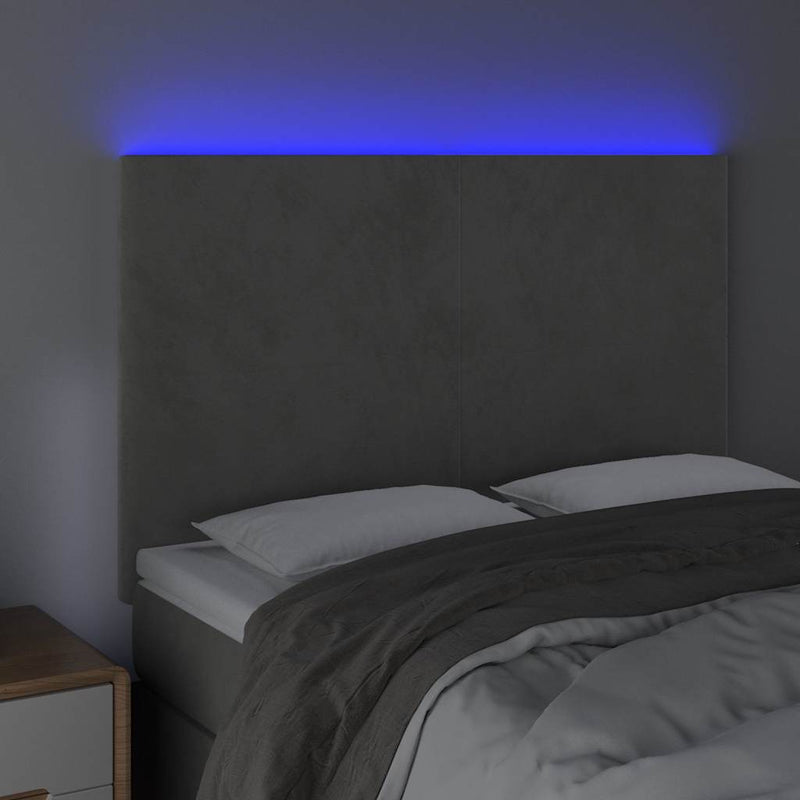 Tăblie de pat cu LED, gri deschis, 144x5x118/128 cm, catifea