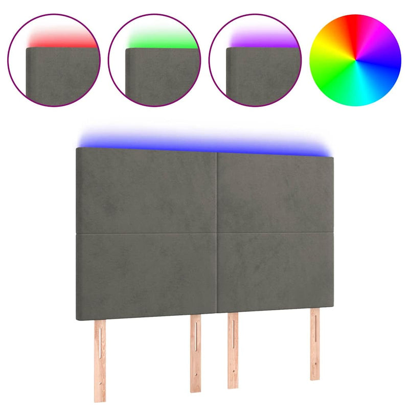 Tăblie de pat cu LED, gri închis, 144x5x118/128 cm, catifea