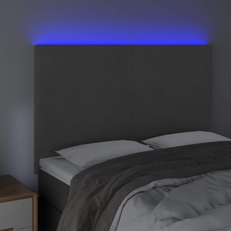 Tăblie de pat cu LED, gri închis, 144x5x118/128 cm, catifea