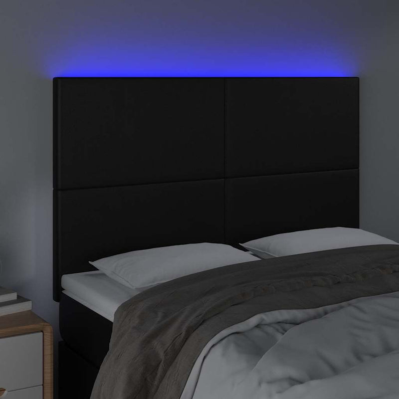 Tăblie de pat cu LED, negru, 144x5x118/128 cm, piele ecologică