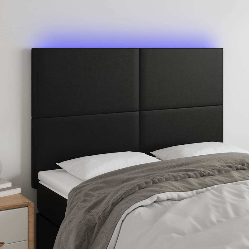 Tăblie de pat cu LED, negru, 144x5x118/128 cm, piele ecologică