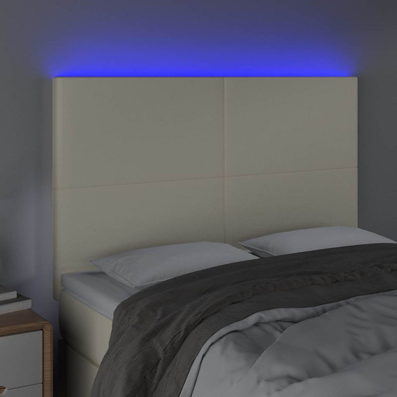 Tăblie de pat cu LED, crem, 144x5x118/128 cm, piele ecologică