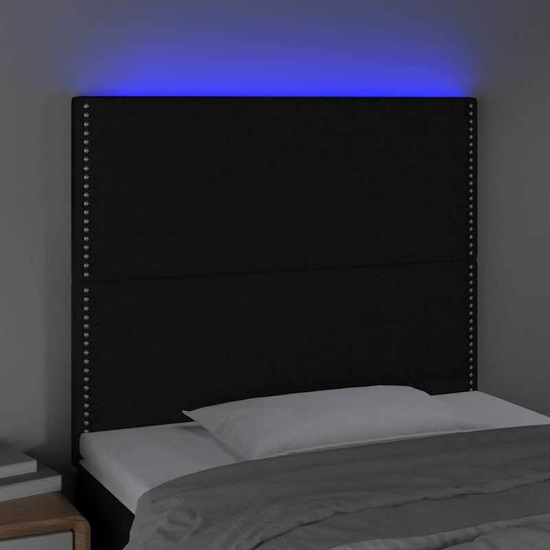 Tăblie de pat cu LED, negru, 90x5x118/128 cm, textil