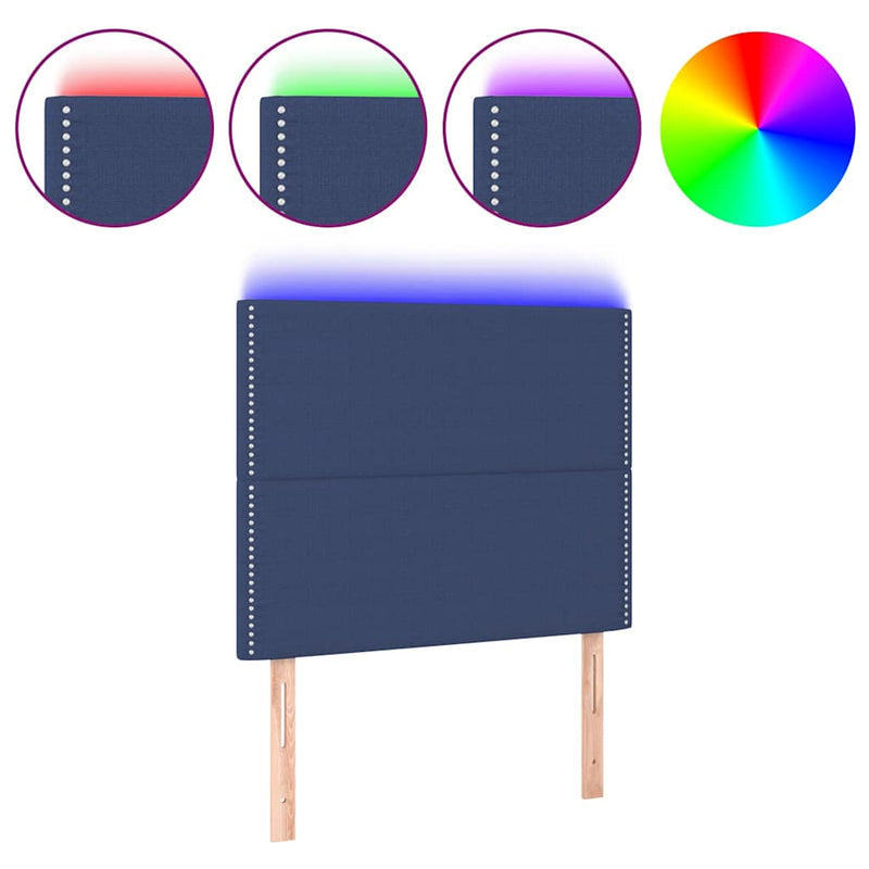 Tăblie de pat cu LED, albastru, 90x5x118/128 cm, textil