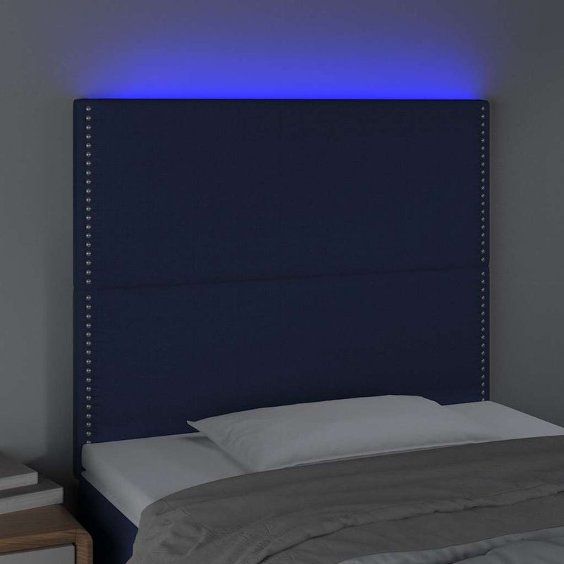 Tăblie de pat cu LED, albastru, 100x5x118/128 cm, textil