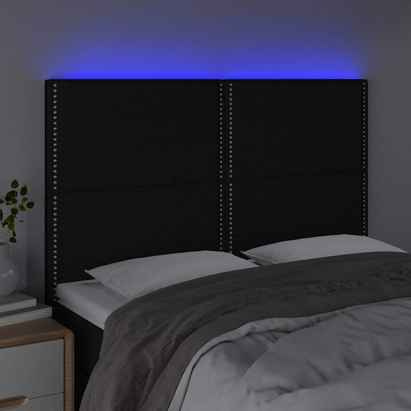 Tăblie de pat cu LED, negru, 144x5x118/128 cm, textil