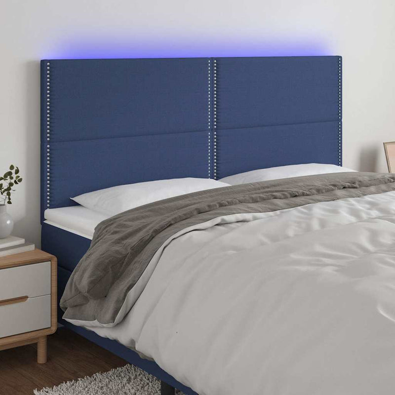 Tăblie de pat cu LED, albastru, 200x5x118/128 cm, textil