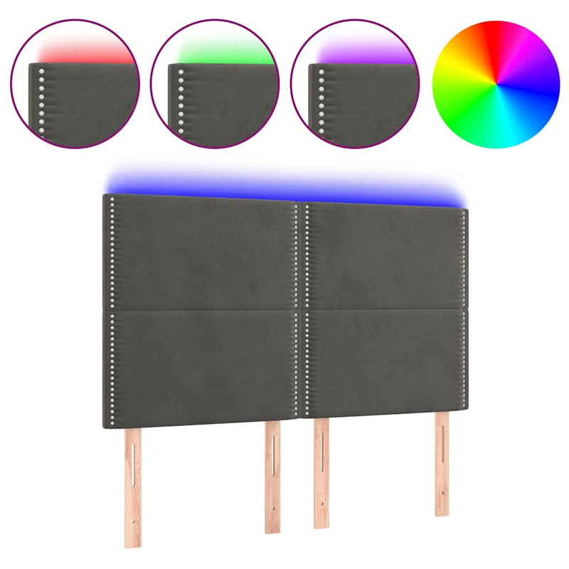 Tăblie de pat cu LED, gri închis, 144x5x118/128 cm, catifea