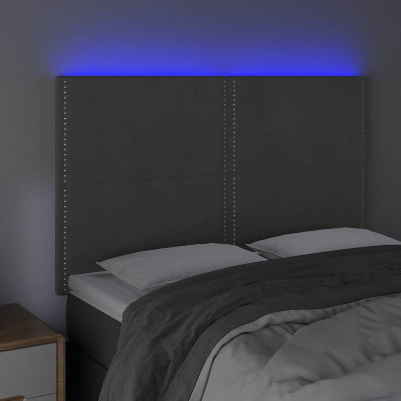 Tăblie de pat cu LED, gri închis, 144x5x118/128 cm, catifea