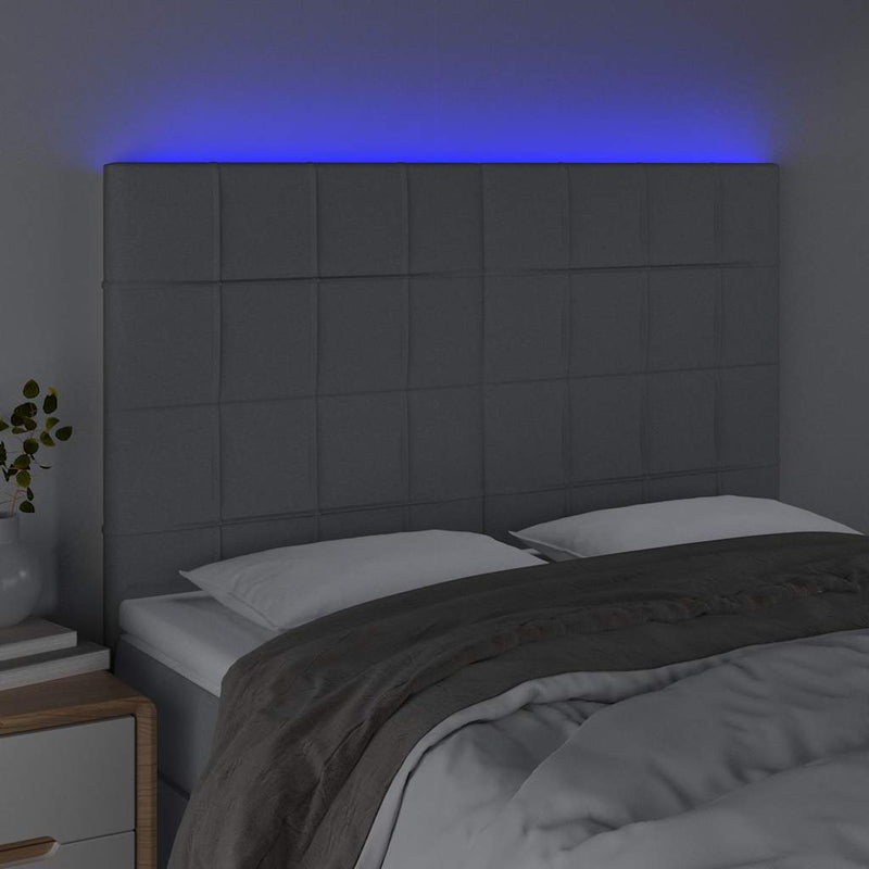 Tăblie de pat cu LED, gri deschis, 144x5x118/128 cm, textil