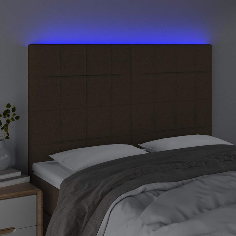 Tăblie de pat cu LED, maro închis, 144x5x118/128 cm, textil