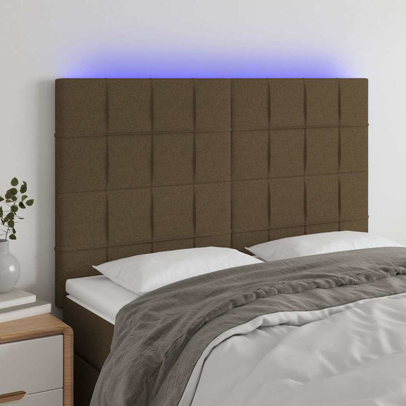 Tăblie de pat cu LED, maro închis, 144x5x118/128 cm, textil