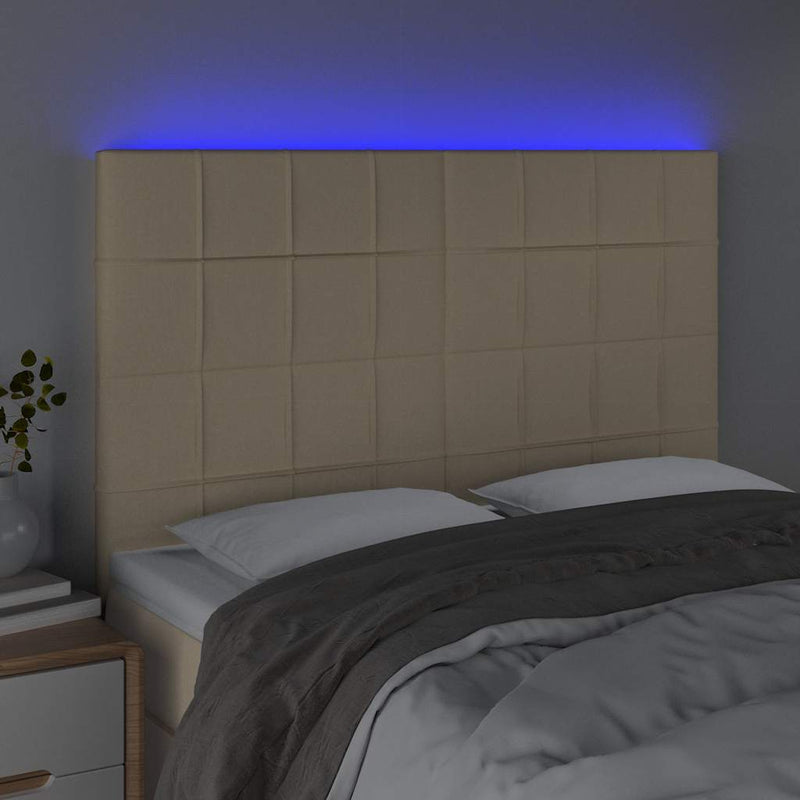 Tăblie de pat cu LED, crem, 144x5x118/128 cm, textil