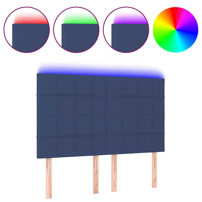 Tăblie de pat cu LED, albastru, 144x5x118/128 cm, textil