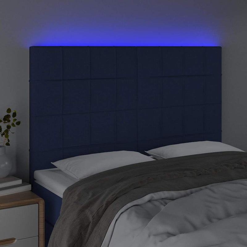 Tăblie de pat cu LED, albastru, 144x5x118/128 cm, textil