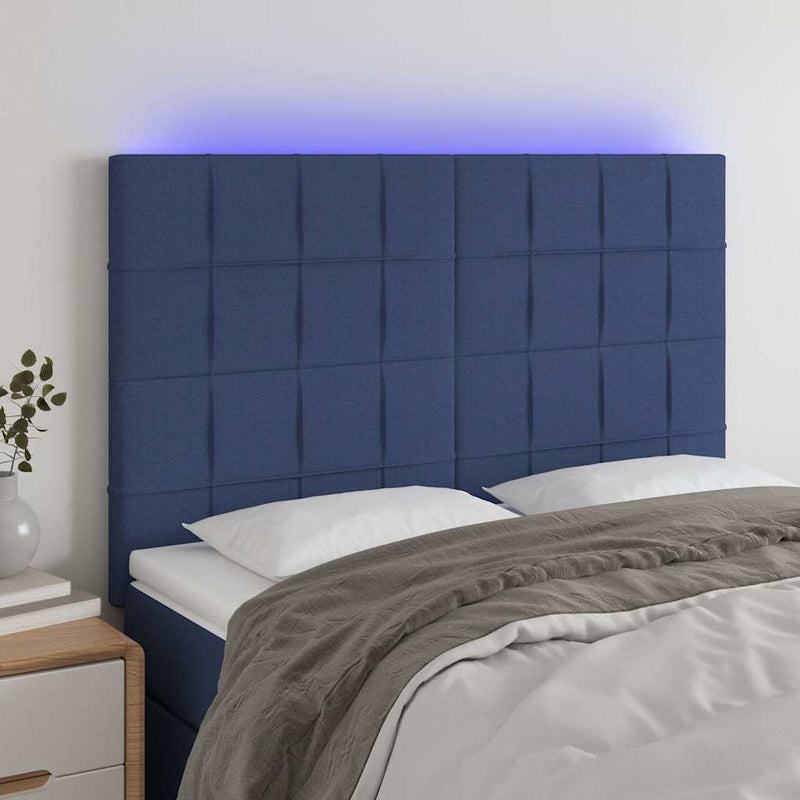 Tăblie de pat cu LED, albastru, 144x5x118/128 cm, textil