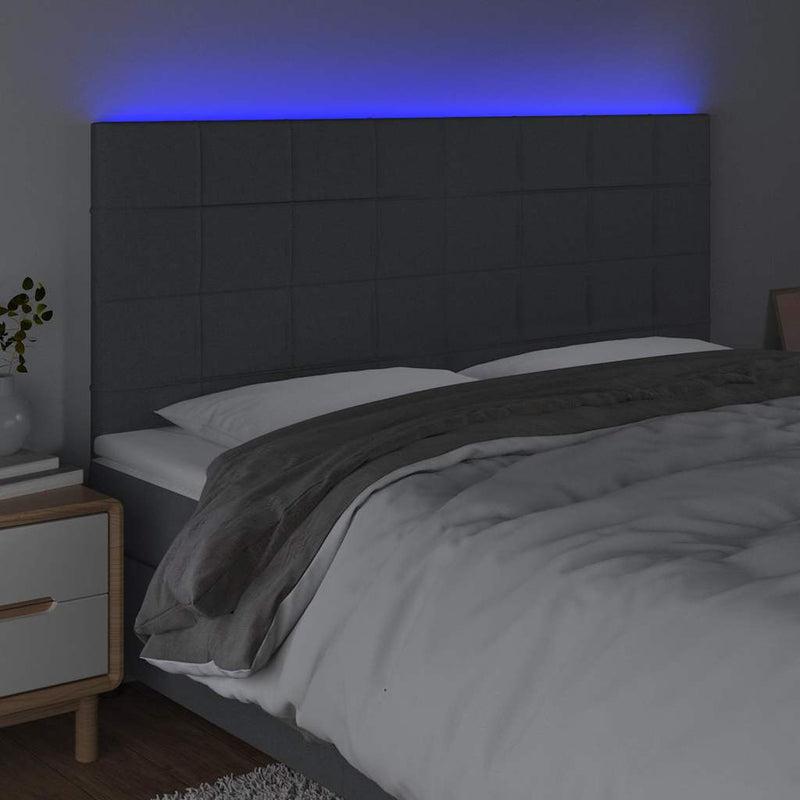 Tăblie de pat cu LED, gri închis, 160x5x118/128 cm, textil