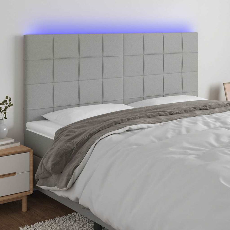 Tăblie de pat cu LED, gri deschis, 200x5x118/128 cm, textil