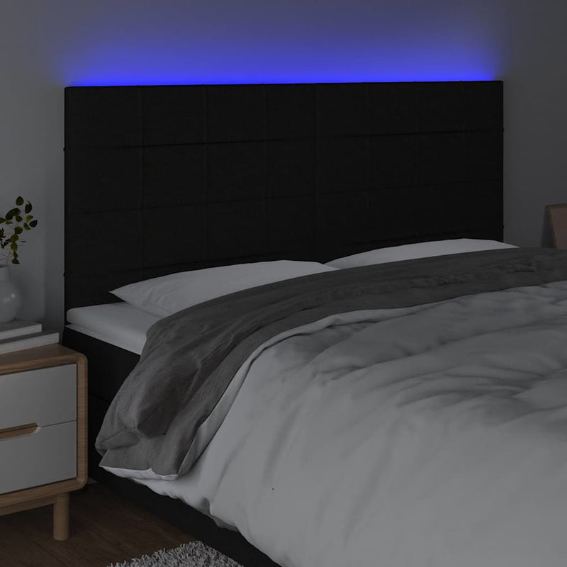 Tăblie de pat cu LED, negru, 200x5x118/128 cm, textil