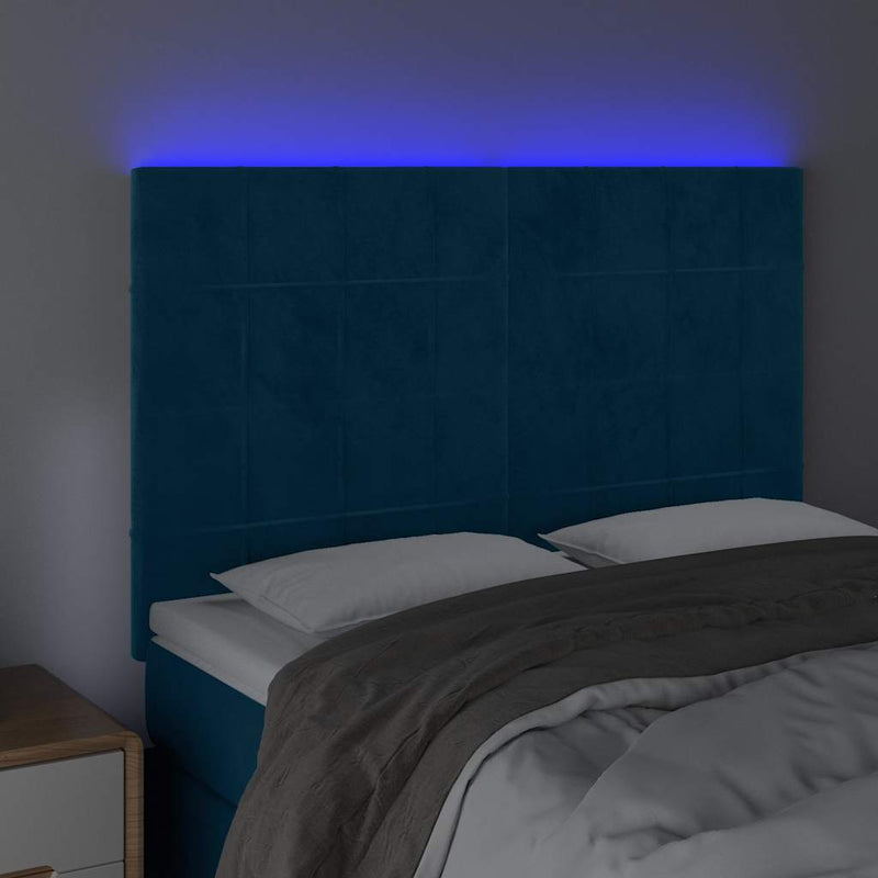 Tăblie de pat cu LED, albastru închis, 144x5x118/128cm, catifea