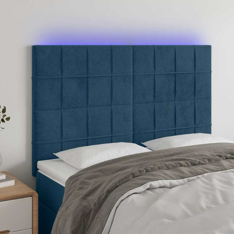 Tăblie de pat cu LED, albastru închis, 144x5x118/128cm, catifea