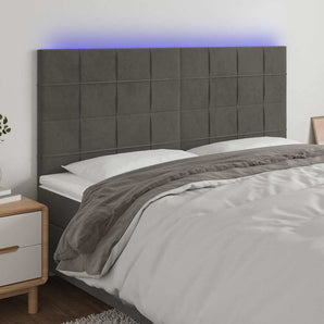Tăblie de pat cu LED, gri închis, 160x5x118/128 cm, catifea