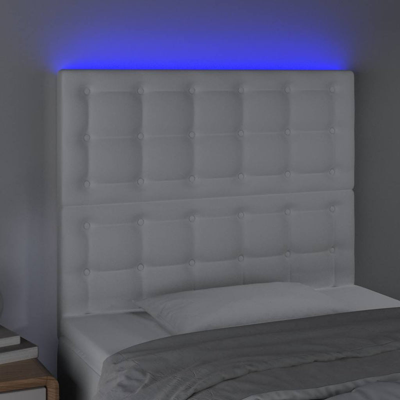 Tăblie de pat cu LED, alb, 100x5x118/128 cm, piele ecologică